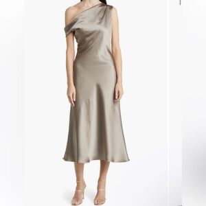 Amsale One Shoulder Satin Dress in Taupe Size 2